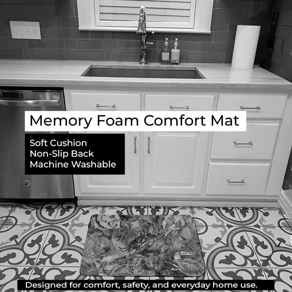 Grey Canvas Abstract Crabs Memory Foam Kitchen Mat Machine Washable Anti-Fatigue Cushion Comfort Bath or Kitchen Rug