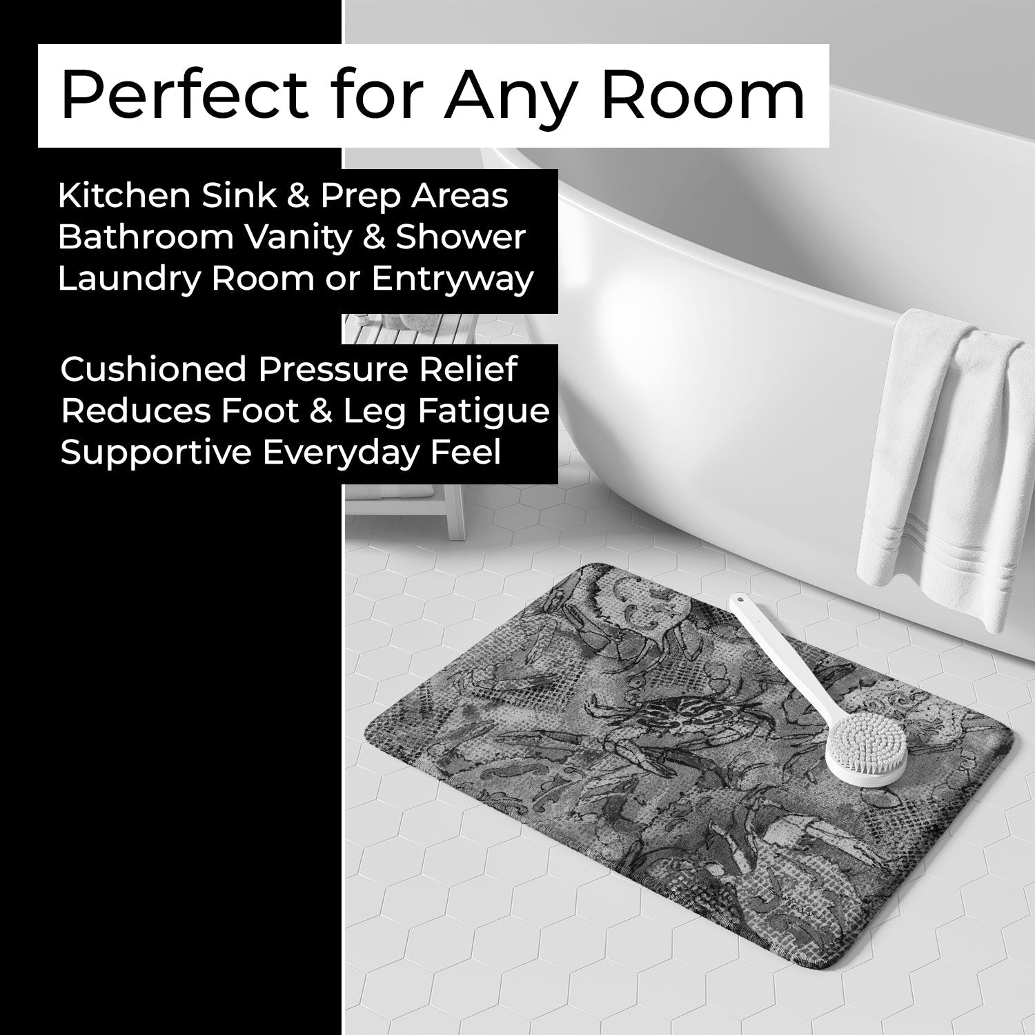 Grey Canvas Abstract Crabs Memory Foam Kitchen Mat Machine Washable Anti-Fatigue Cushion Comfort Bath or Kitchen Rug