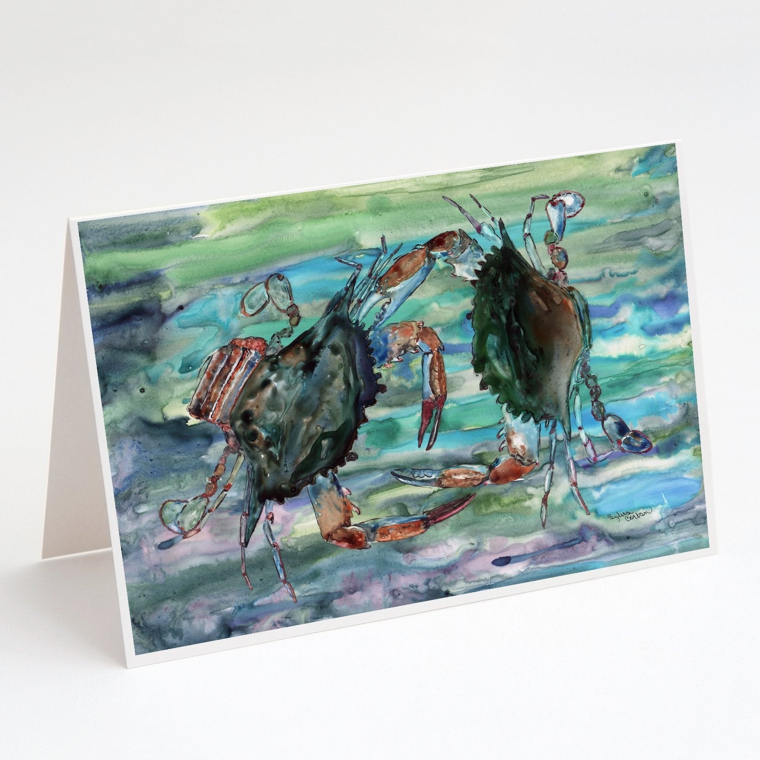 Watery Teal and Purple Crabs Greeting Cards Pack of 8 Blank Cards with Envelopes Whimsical A7 Size 5x7