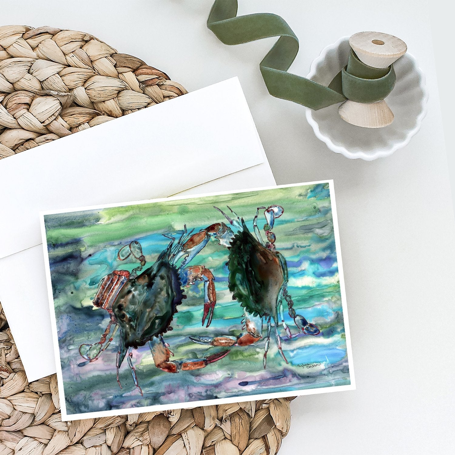 Watery Teal and Purple Crabs Greeting Cards Pack of 8 Blank Cards with Envelopes Whimsical A7 Size 5x7