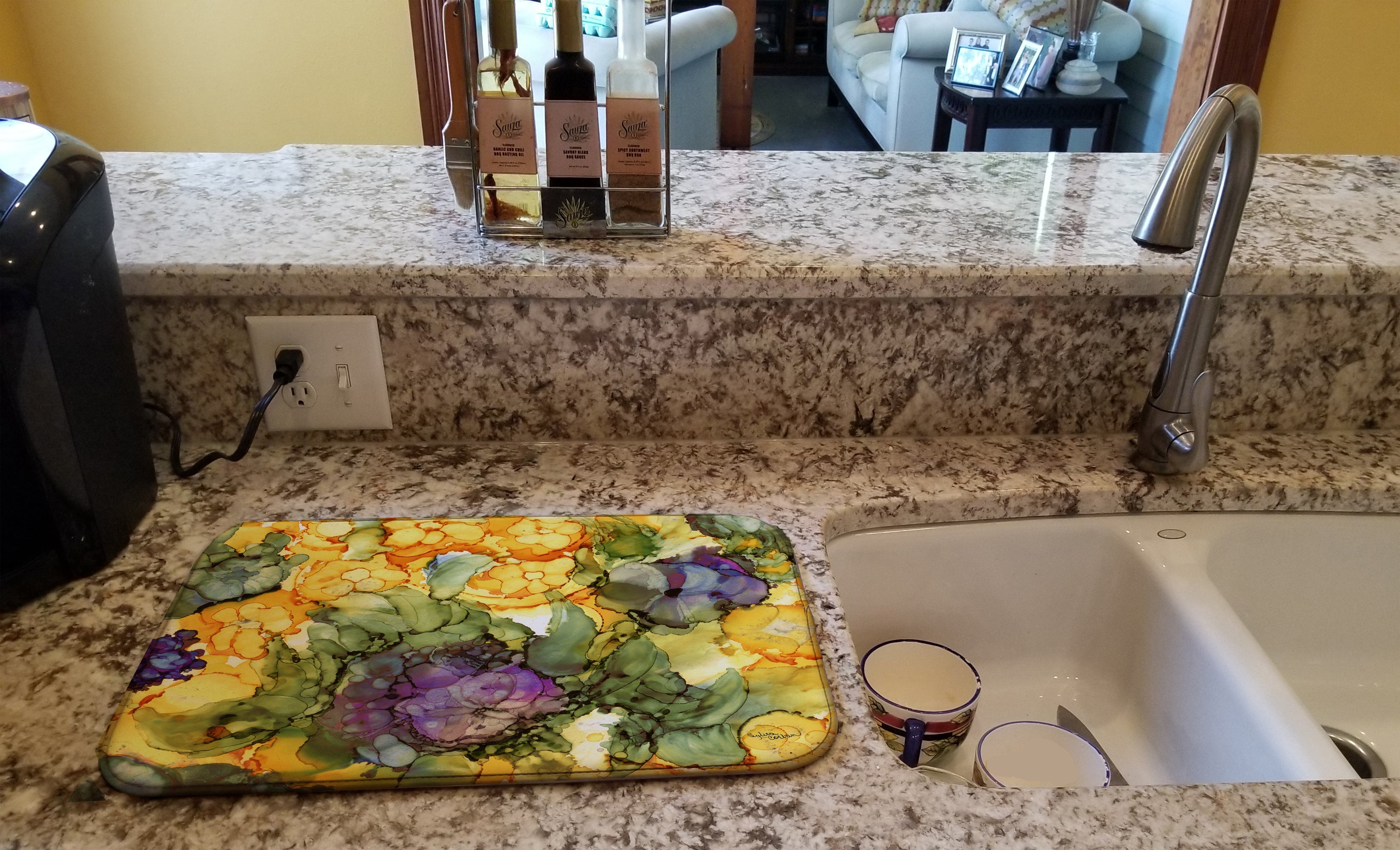 Abstract Flowers Purple and Yellow Dish Drying Mat Absorbent Dish Drying Mat Pad for Kitchen Counter Dish Drainer Mat for Countertop, 14 x 21", Multicolor