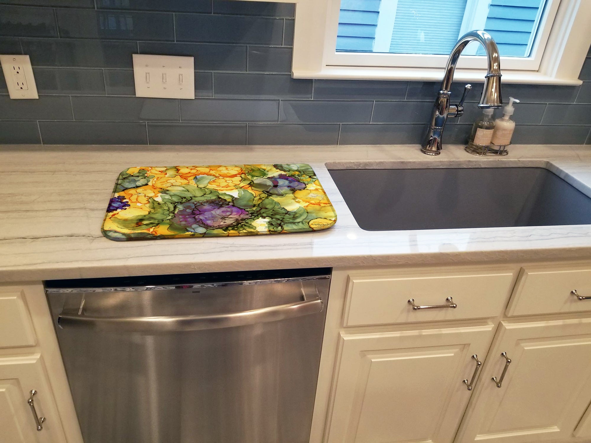 Abstract Flowers Purple and Yellow Dish Drying Mat Absorbent Dish Drying Mat Pad for Kitchen Counter Dish Drainer Mat for Countertop, 14 x 21", Multicolor