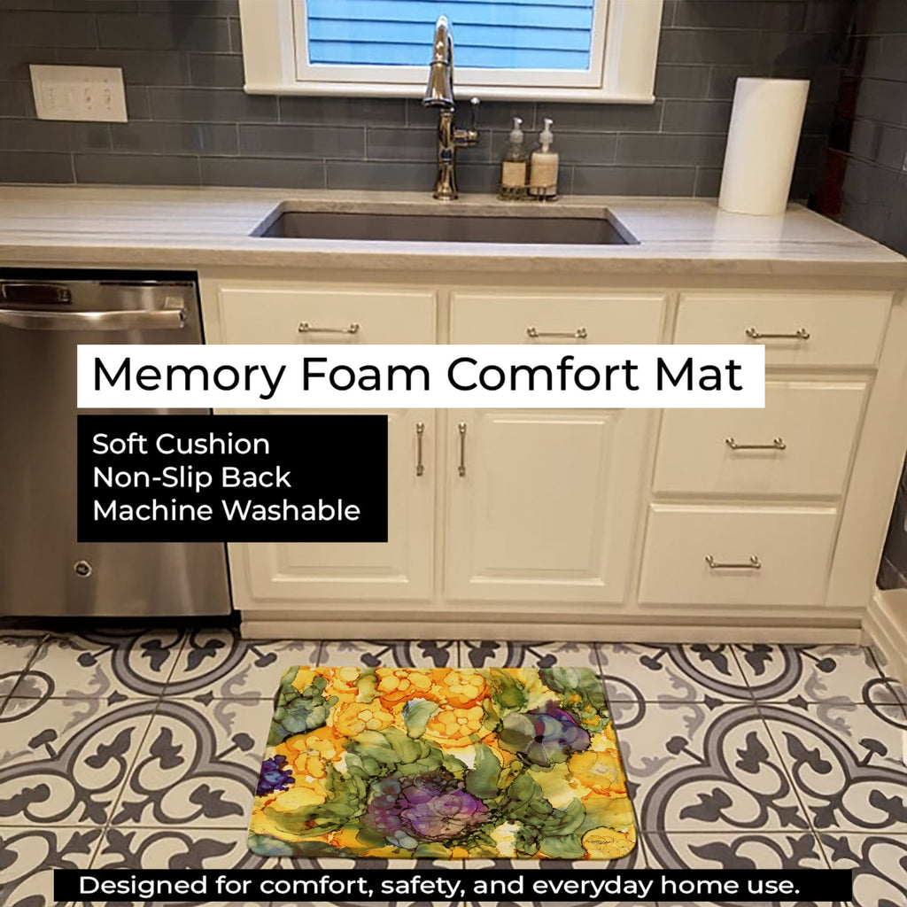 Abstract Flowers Purple and Yellow Memory Foam Kitchen Mat Machine Washable Anti-Fatigue Cushion Comfort Bath or Kitchen Rug