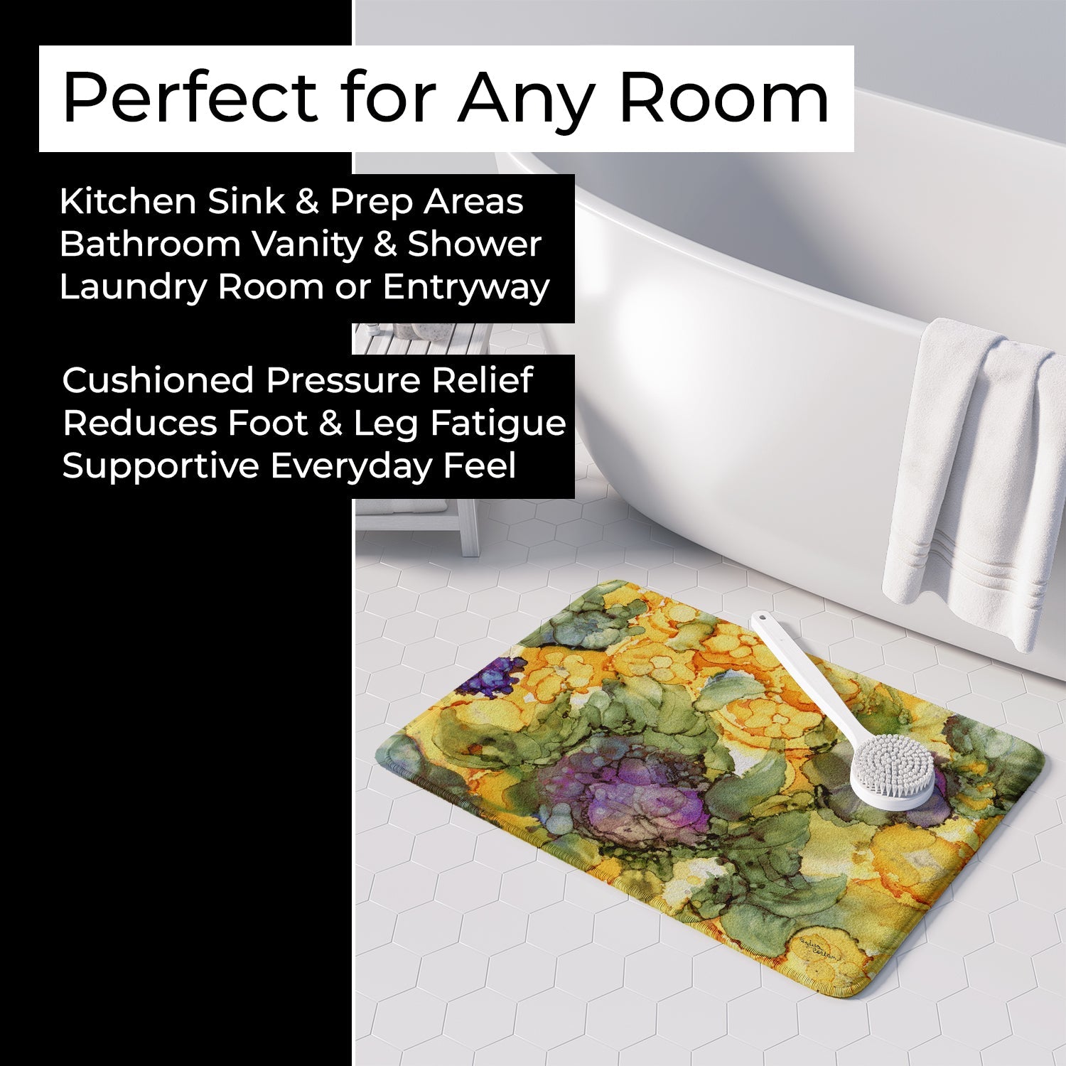 Abstract Flowers Purple and Yellow Memory Foam Kitchen Mat Machine Washable Anti-Fatigue Cushion Comfort Bath or Kitchen Rug