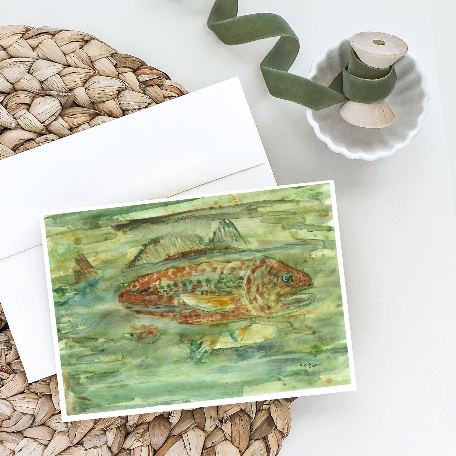 Abstract Red Fish Greeting Cards Pack of 8 Blank Cards with Envelopes Whimsical A7 Size 5x7