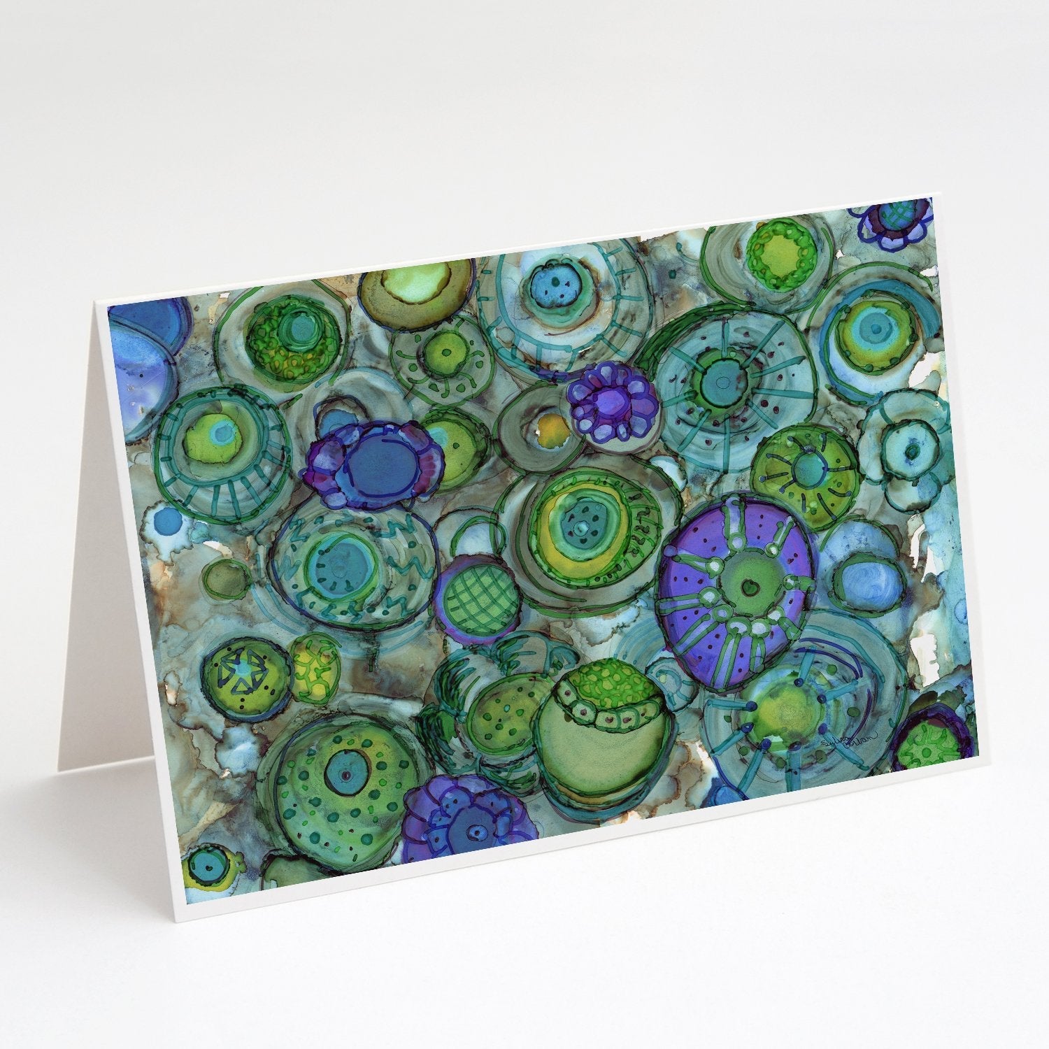 Abstract in Blues and Greens Greeting Cards Pack of 8 Blank Cards with Envelopes Whimsical A7 Size 5x7