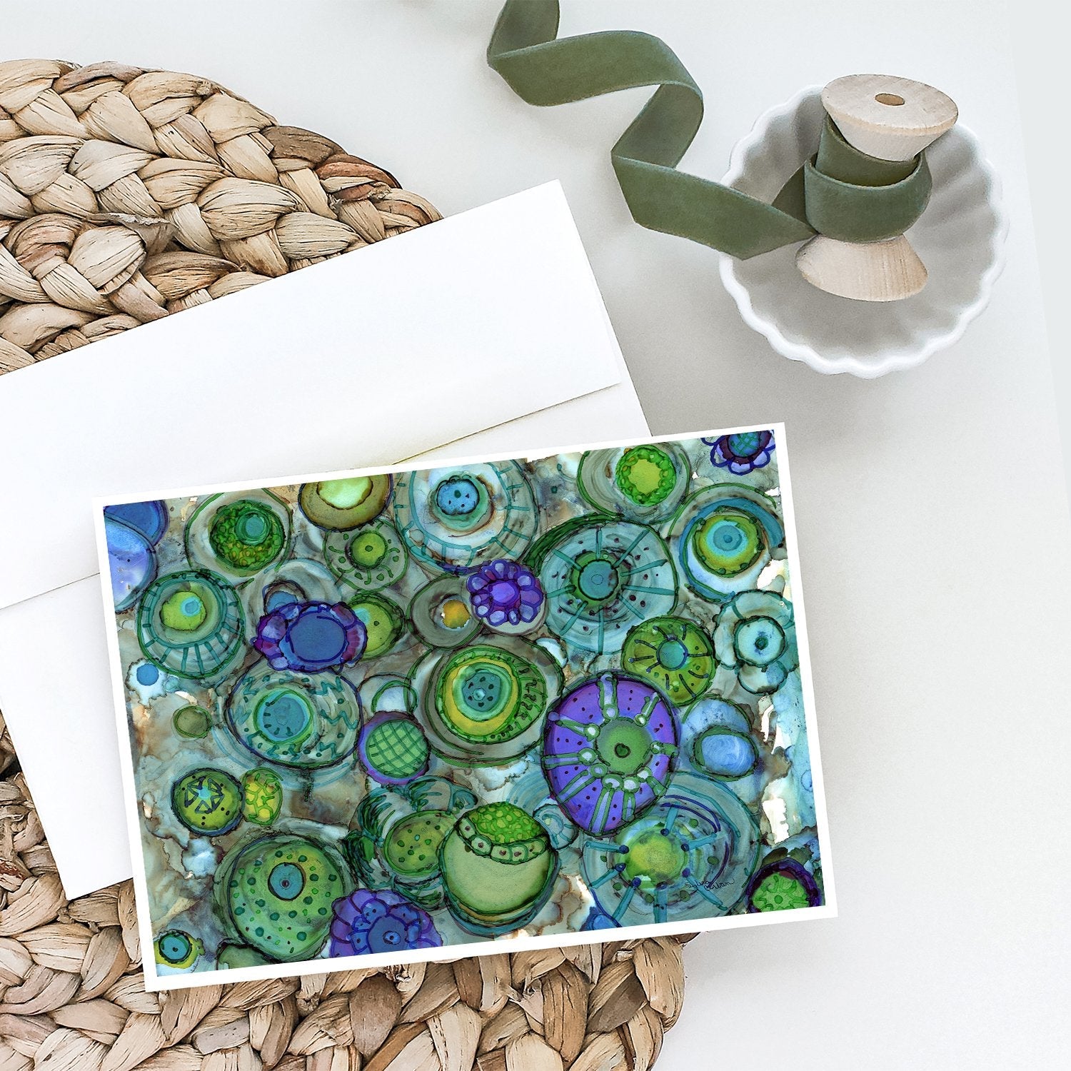 Abstract in Blues and Greens Greeting Cards Pack of 8 Blank Cards with Envelopes Whimsical A7 Size 5x7