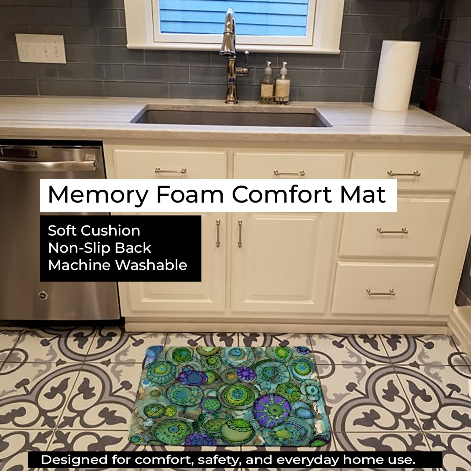 Abstract in Blues and Greens Memory Foam Kitchen Mat Machine Washable Anti-Fatigue Cushion Comfort Bath or Kitchen Rug