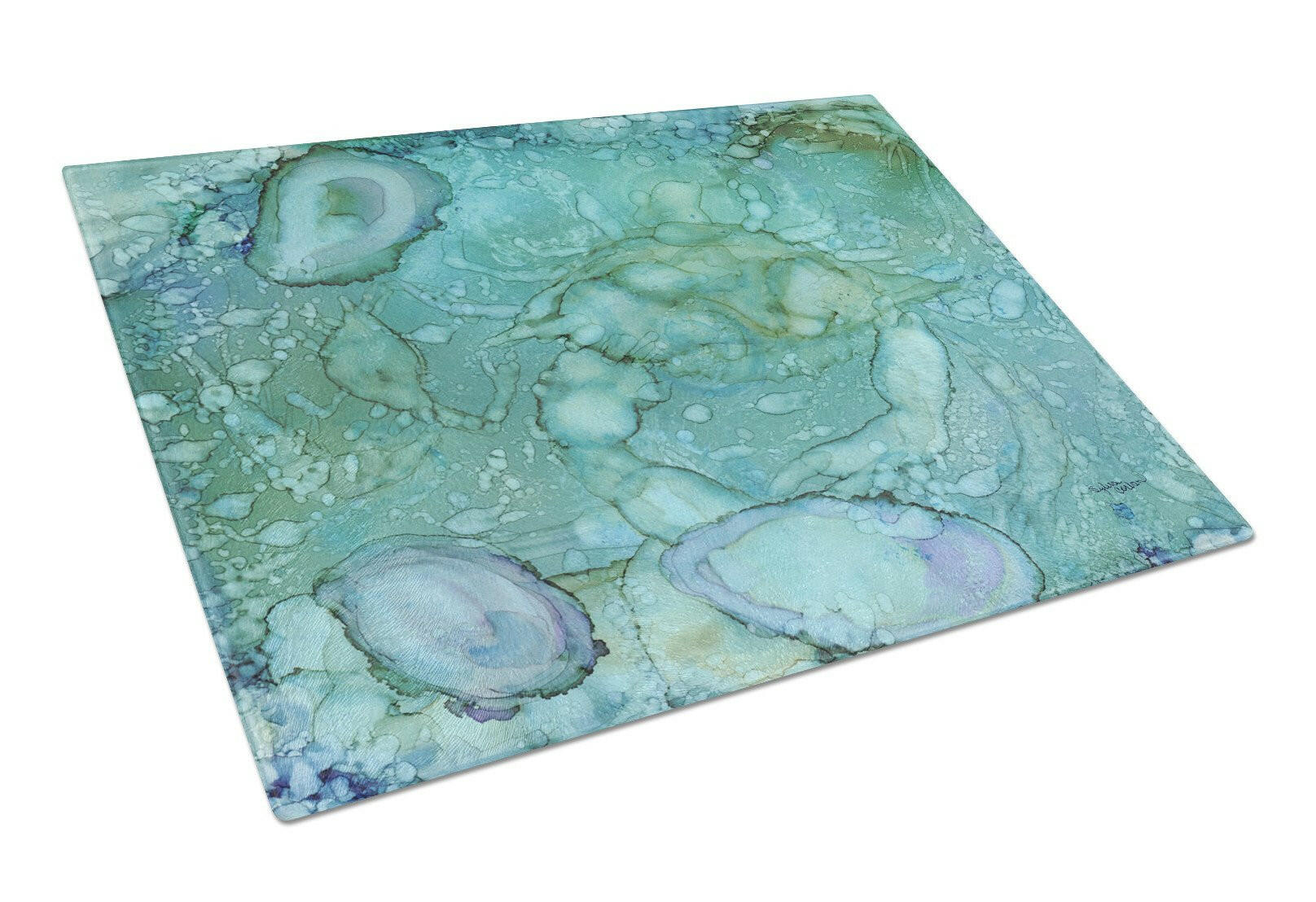 Abstract Crabs and Oysters Cutting Board Tempered Glass Kitchen Cutting Surface, Heat Resistant Chopping, Non-Slip Feet, Food Prep & Serving