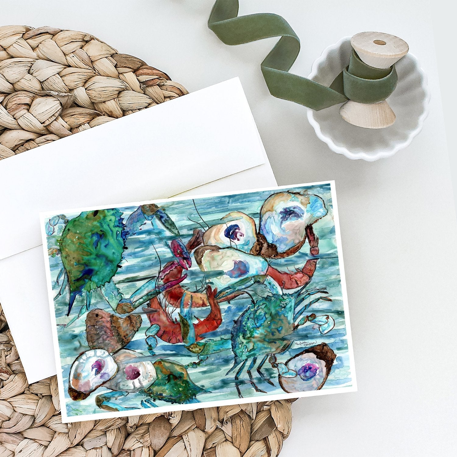 Watery Shrimp, Crabs and Oysters Greeting Cards Pack of 8 Blank Cards with Envelopes Whimsical A7 Size 5x7