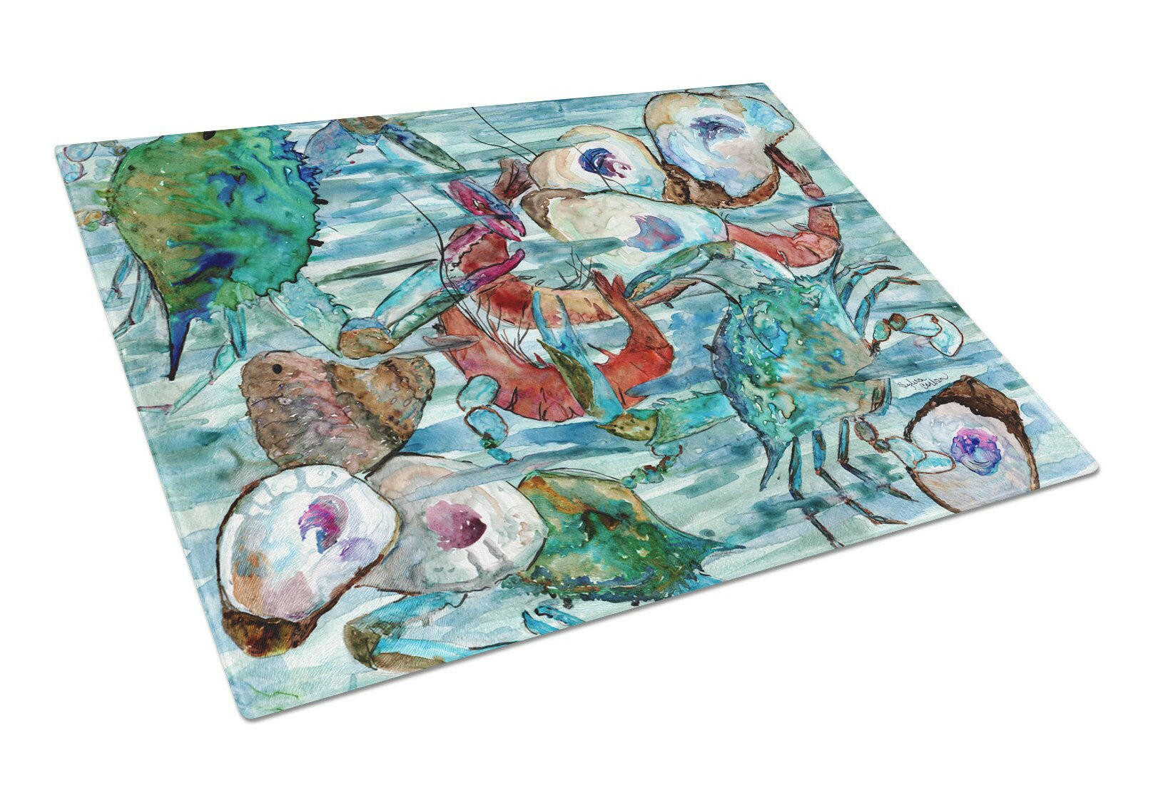 Watery Shrimp, Crabs and Oysters Cutting Board Tempered Glass Kitchen Cutting Surface, Heat Resistant Chopping, Non-Slip Feet, Food Prep & Serving
