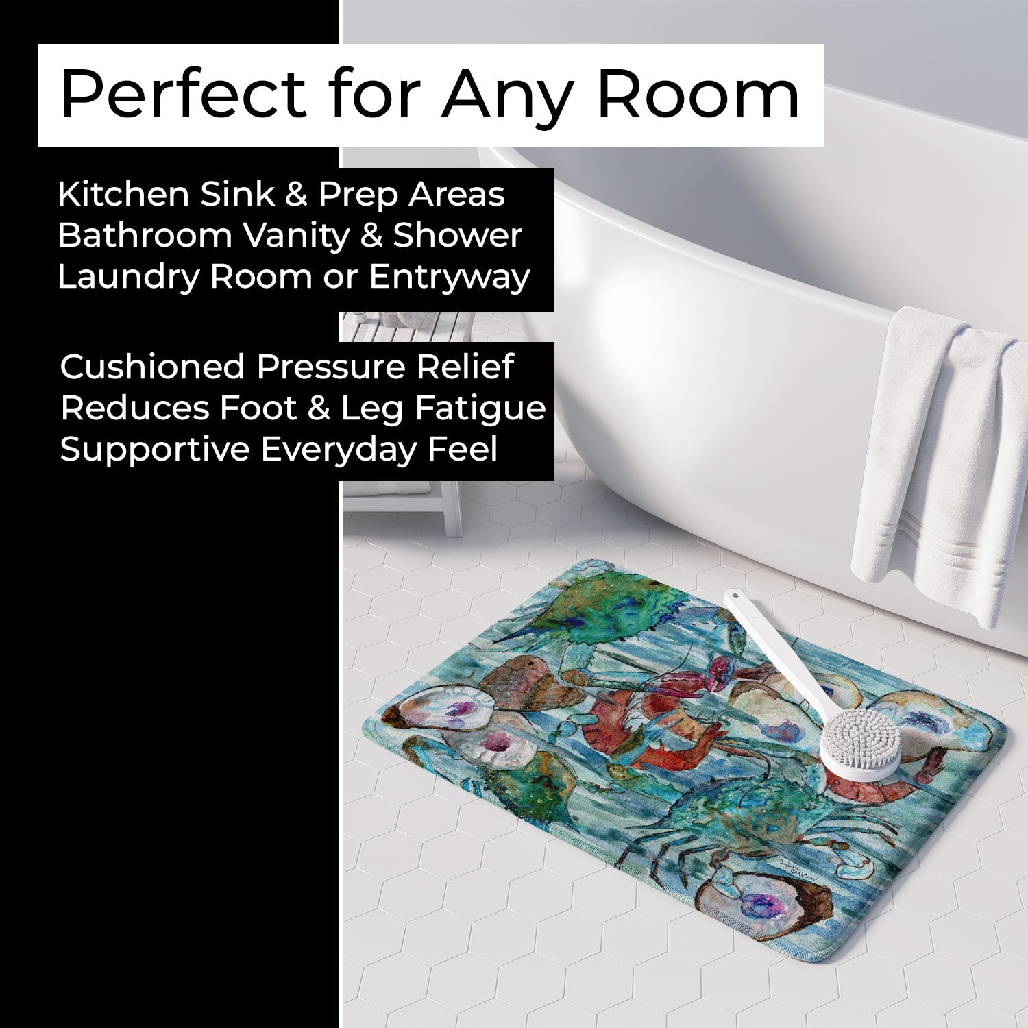 Watery Shrimp, Crabs and Oysters Memory Foam Kitchen Mat Machine Washable Anti-Fatigue Cushion Comfort Bath or Kitchen Rug