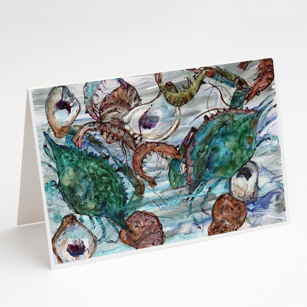 Shrimp, Crabs and Oysters in water Greeting Cards Pack of 8 Blank Cards with Envelopes Whimsical A7 Size 5x7