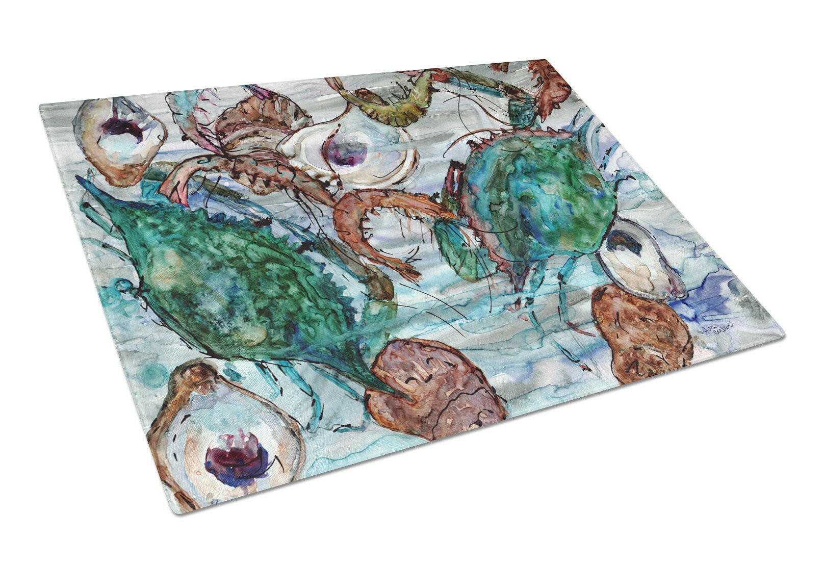 Shrimp, Crabs and Oysters in water Cutting Board Tempered Glass Kitchen Cutting Surface, Heat Resistant Chopping, Non-Slip Feet, Food Prep & Serving