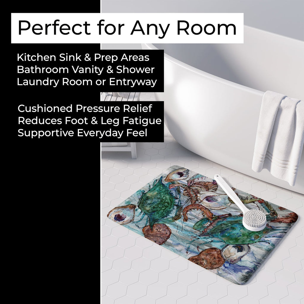 Shrimp, Crabs and Oysters in water Memory Foam Kitchen Mat Machine Washable Anti-Fatigue Cushion Comfort Bath or Kitchen Rug