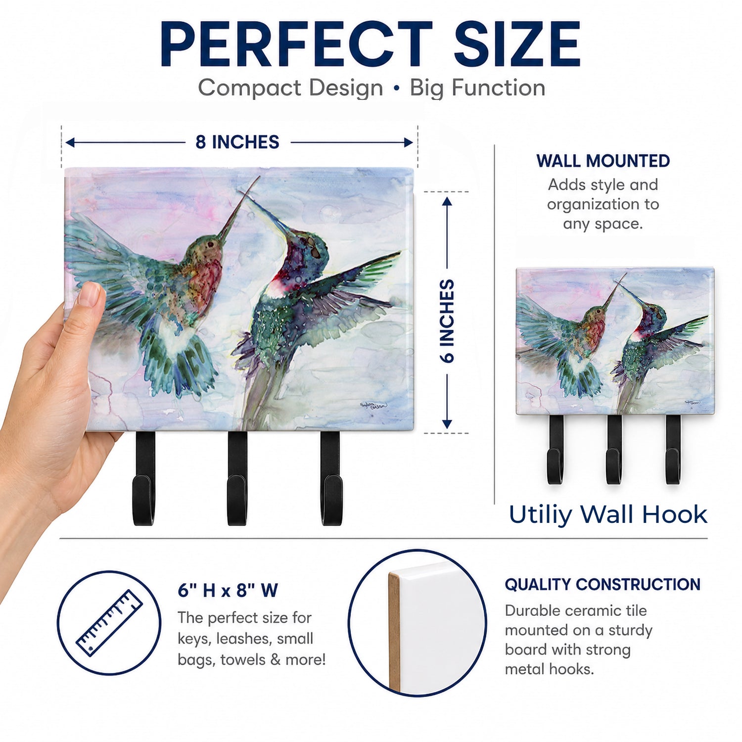 Hummingbird Combat Leash or Key Holder Wall Hooks, Coat Rack Wall Mount, for Hanging Keys, Towels, Aprons, Leashes