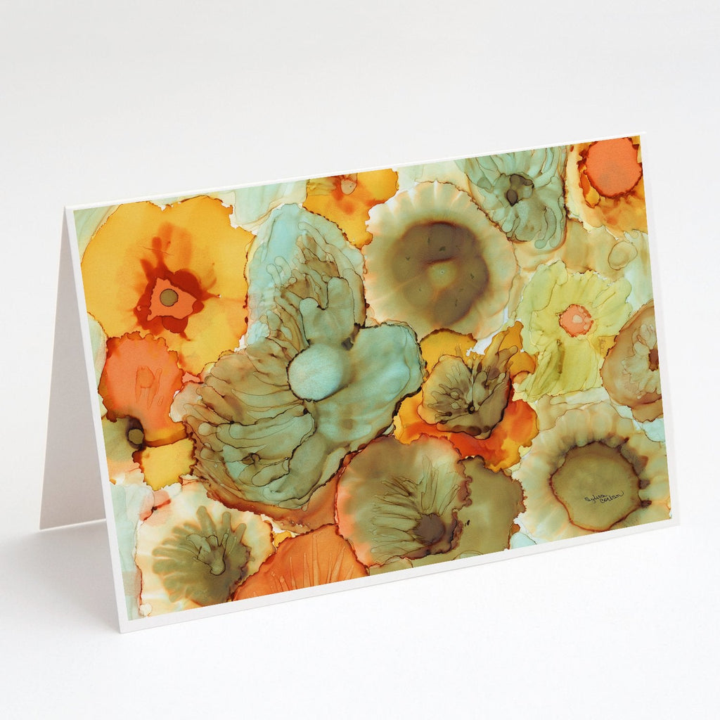 Abstract Flowers Teal and Orange Greeting Cards Pack of 8 Blank Cards with Envelopes Whimsical A7 Size 5x7