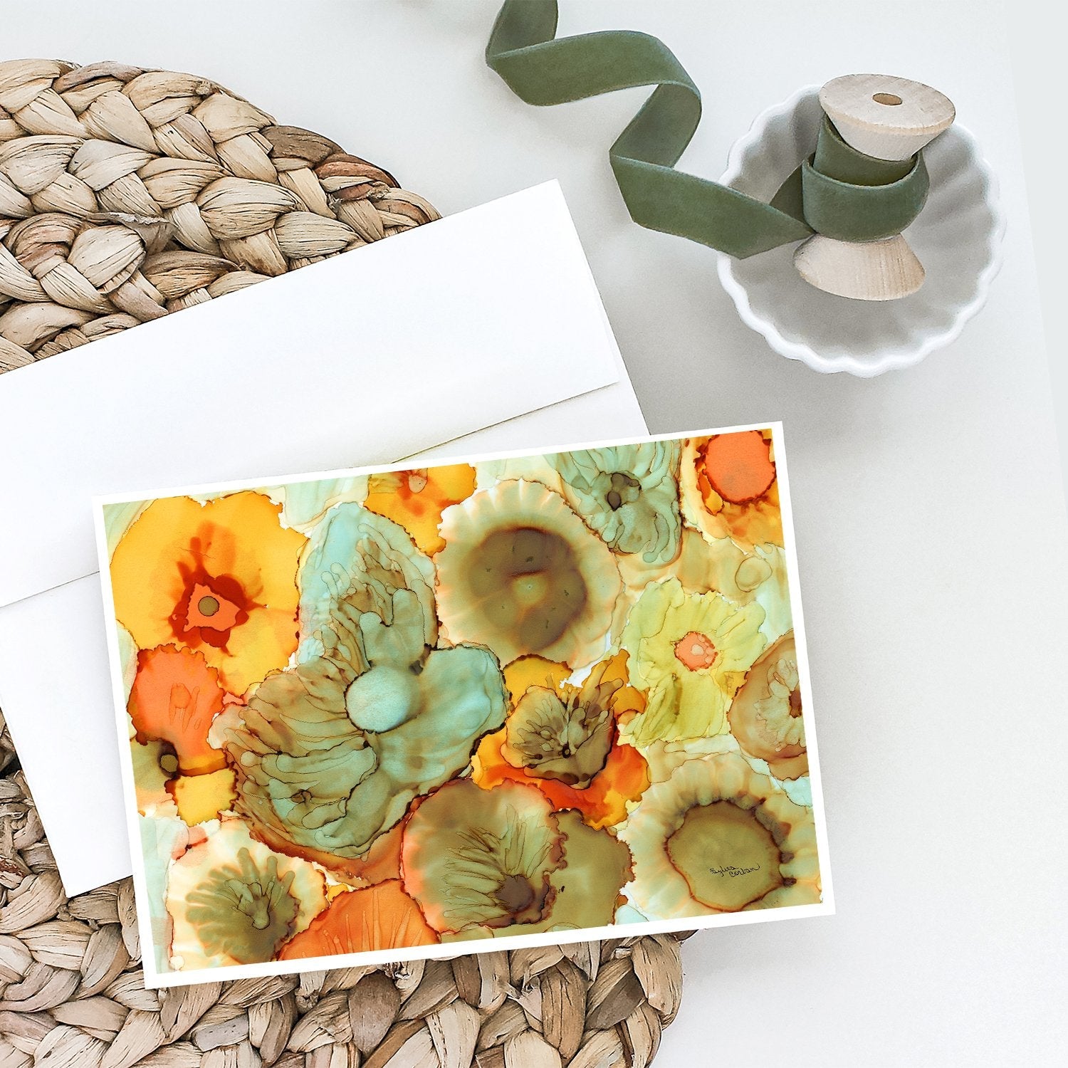 Abstract Flowers Teal and Orange Greeting Cards Pack of 8 Blank Cards with Envelopes Whimsical A7 Size 5x7