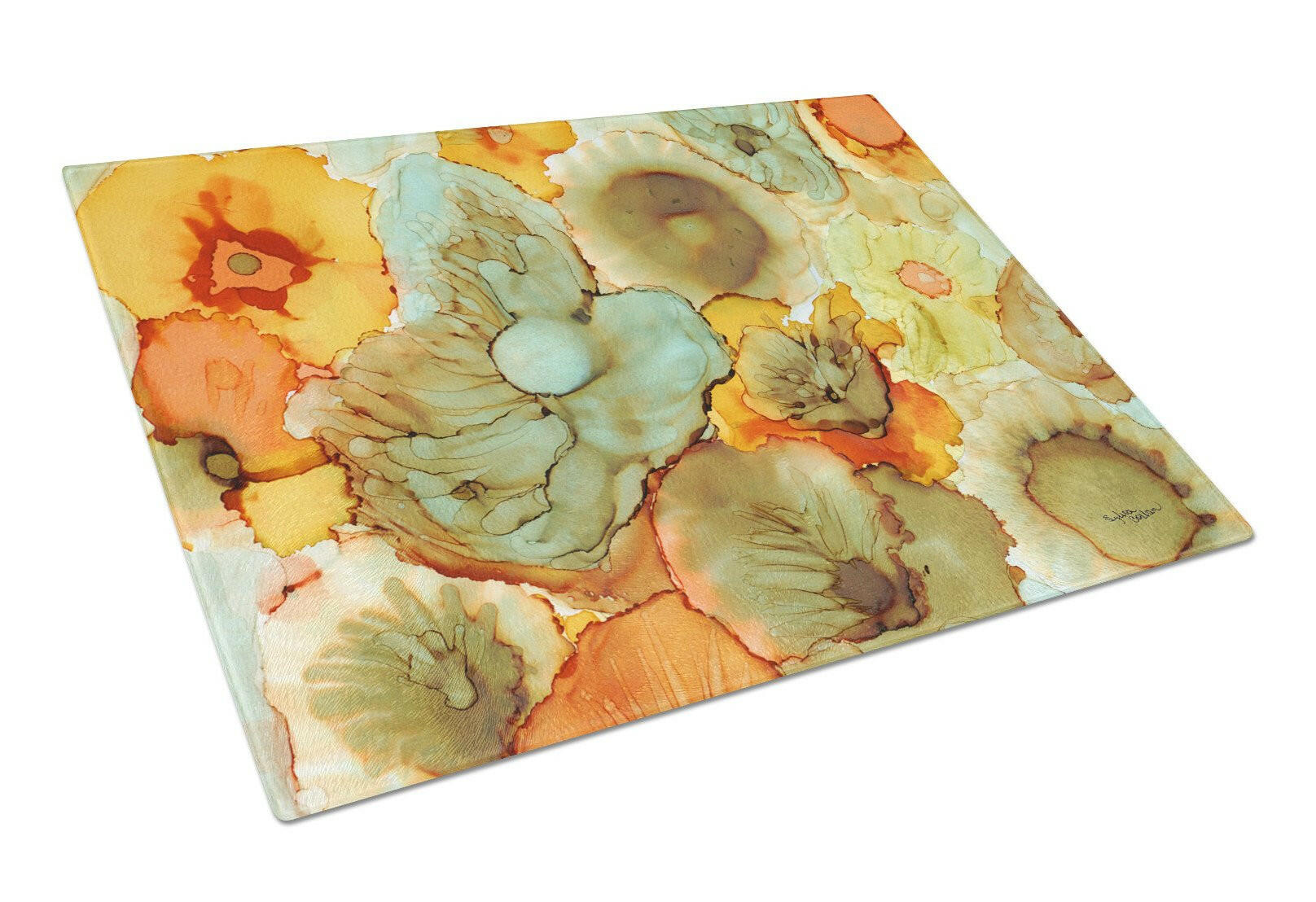 Abstract Flowers Teal and Orange Cutting Board Tempered Glass Kitchen Cutting Surface, Heat Resistant Chopping, Non-Slip Feet, Food Prep & Serving
