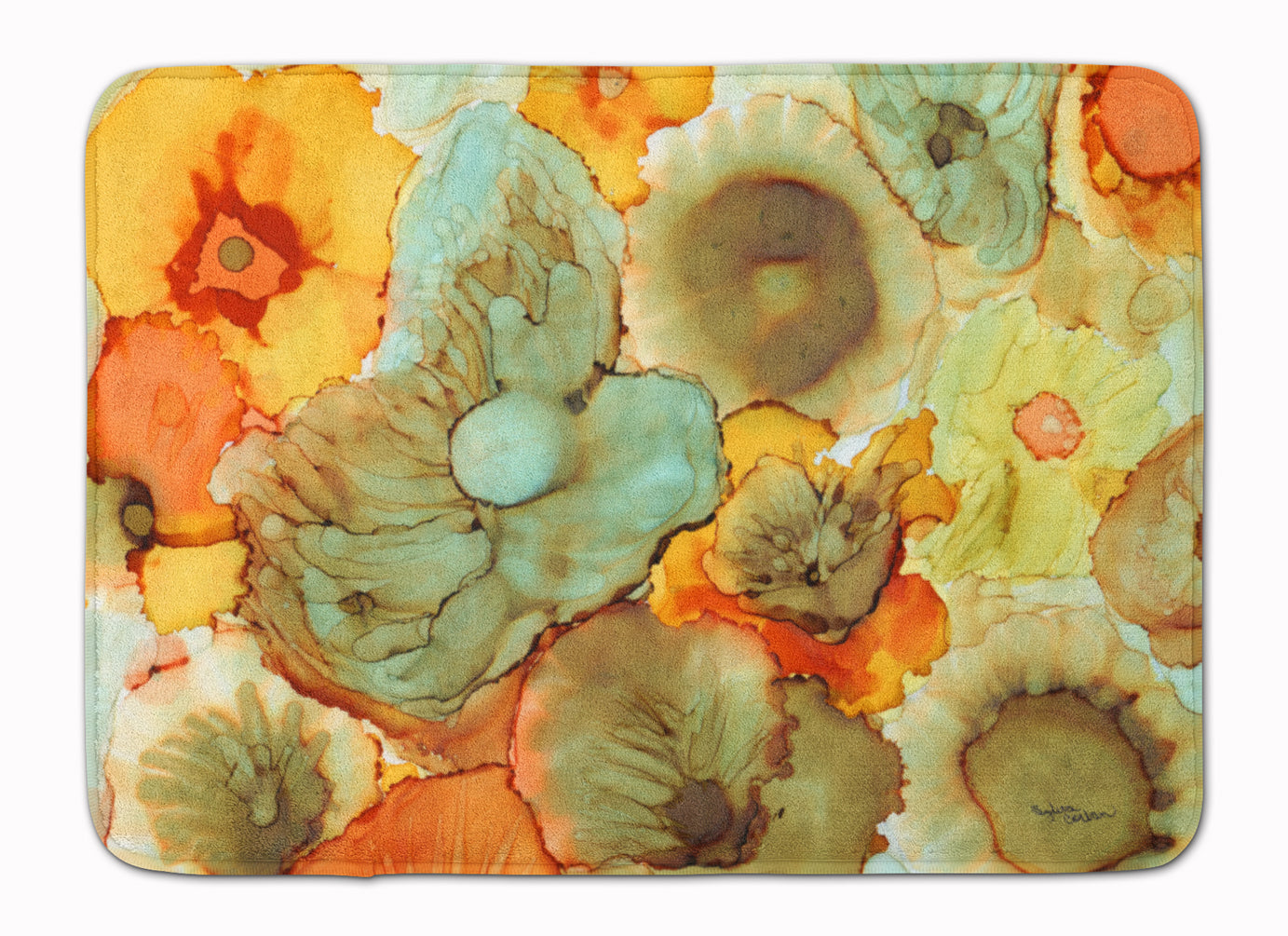 Abstract Flowers Teal and Orange Memory Foam Kitchen Mat Machine Washable Anti-Fatigue Cushion Comfort Bath or Kitchen Rug