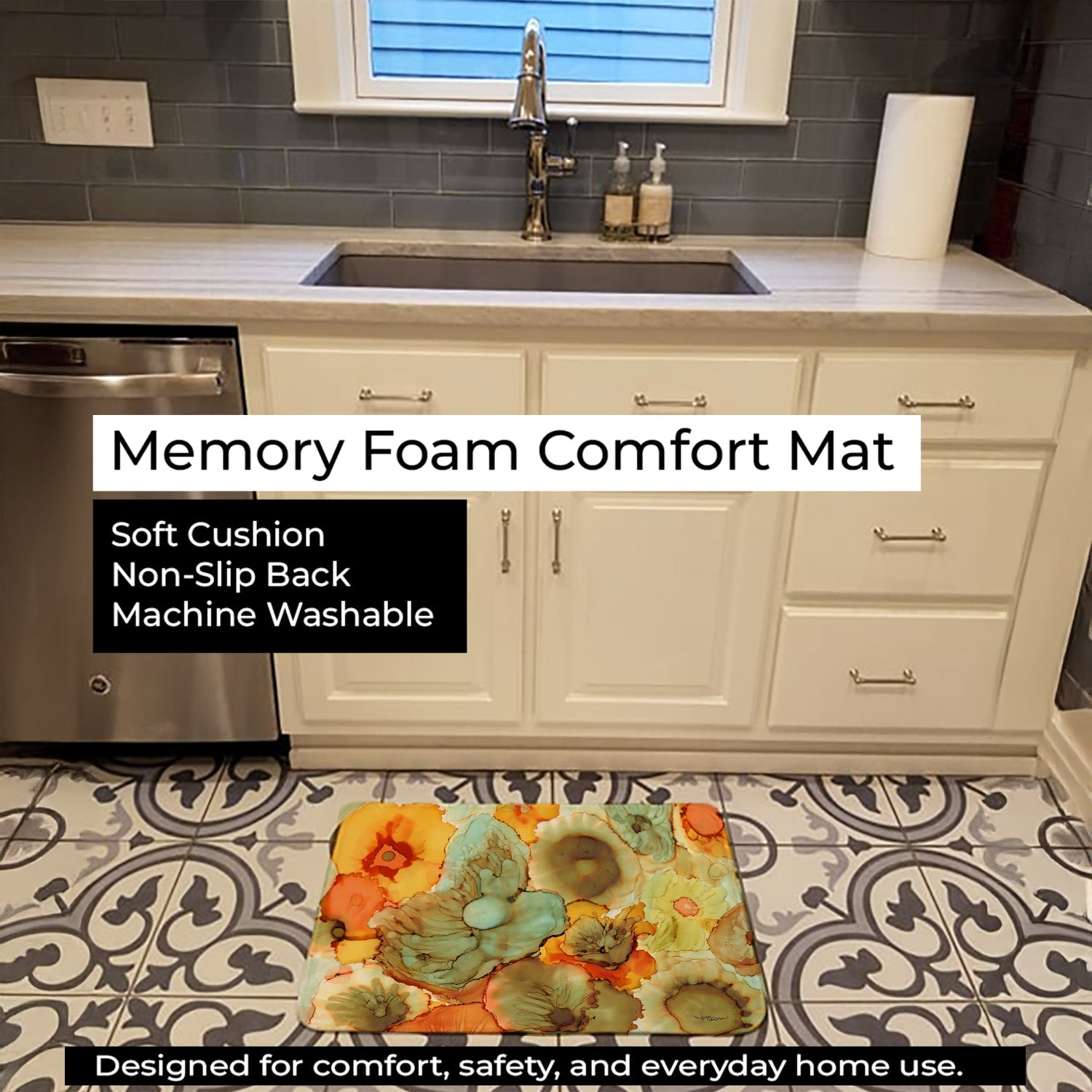 Abstract Flowers Teal and Orange Memory Foam Kitchen Mat Machine Washable Anti-Fatigue Cushion Comfort Bath or Kitchen Rug