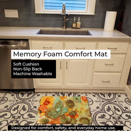 Abstract Flowers Teal and Orange Memory Foam Kitchen Mat Machine Washable Anti-Fatigue Cushion Comfort Bath or Kitchen Rug