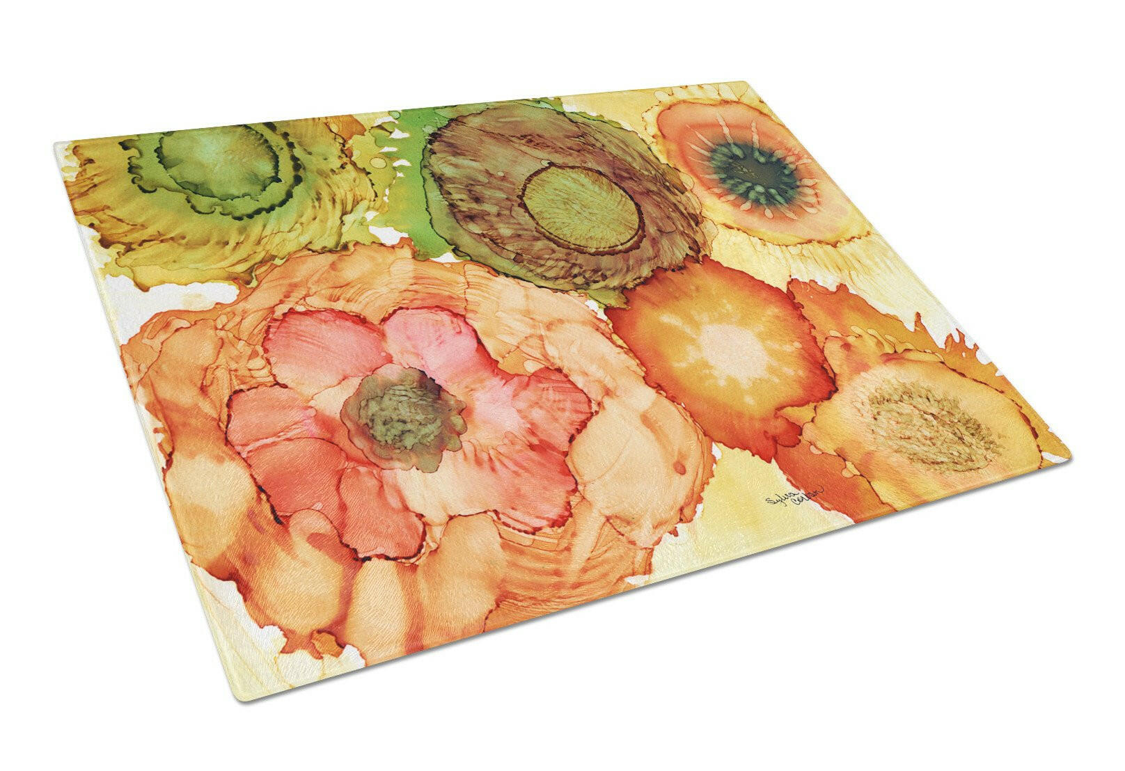 Abstract Flowers Blossoms Cutting Board Tempered Glass Kitchen Cutting Surface, Heat Resistant Chopping, Non-Slip Feet, Food Prep & Serving