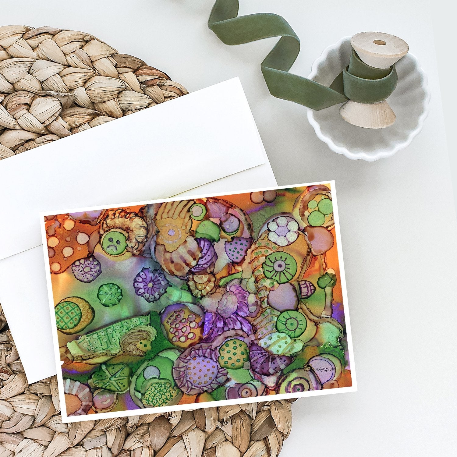 Abstract in Purple Green and Orange Greeting Cards Pack of 8 Blank Cards with Envelopes Whimsical A7 Size 5x7