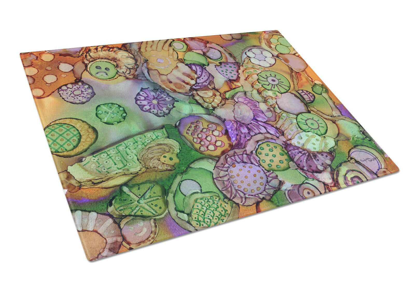 Abstract in Purple Green and Orange Cutting Board Tempered Glass Kitchen Cutting Surface, Heat Resistant Chopping, Non-Slip Feet, Food Prep & Serving