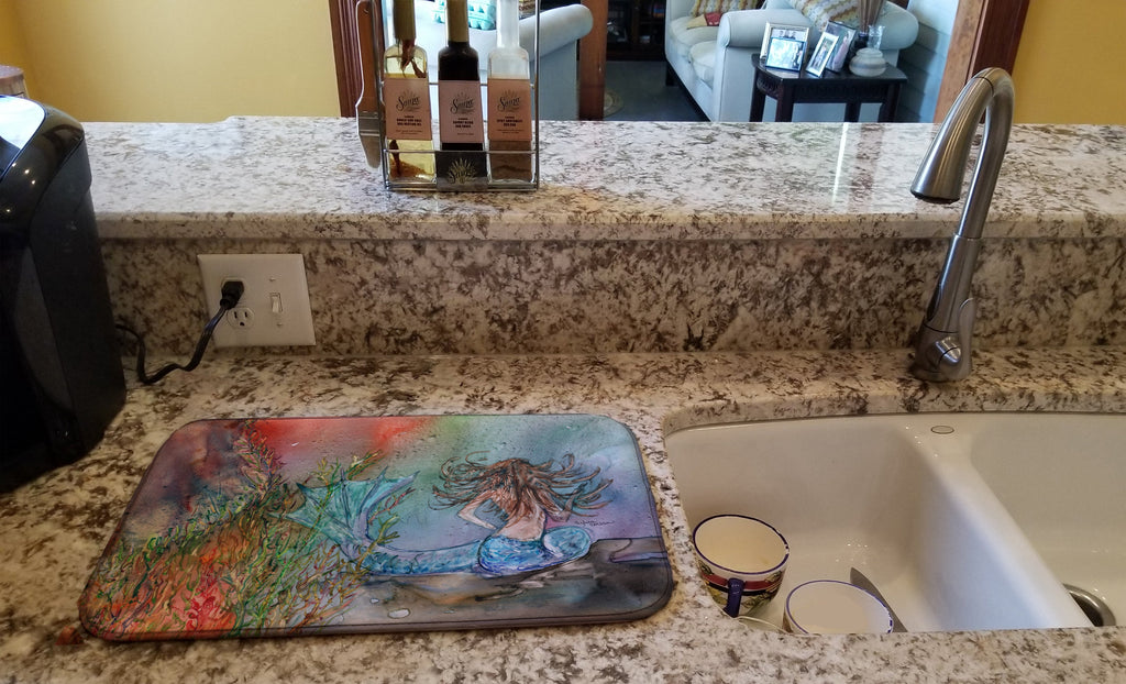 Brunette Mermaid Water Fantasy Dish Drying Mat Absorbent Dish Drying Mat Pad for Kitchen Counter Dish Drainer Mat for Countertop, 14 x 21", Multicolor