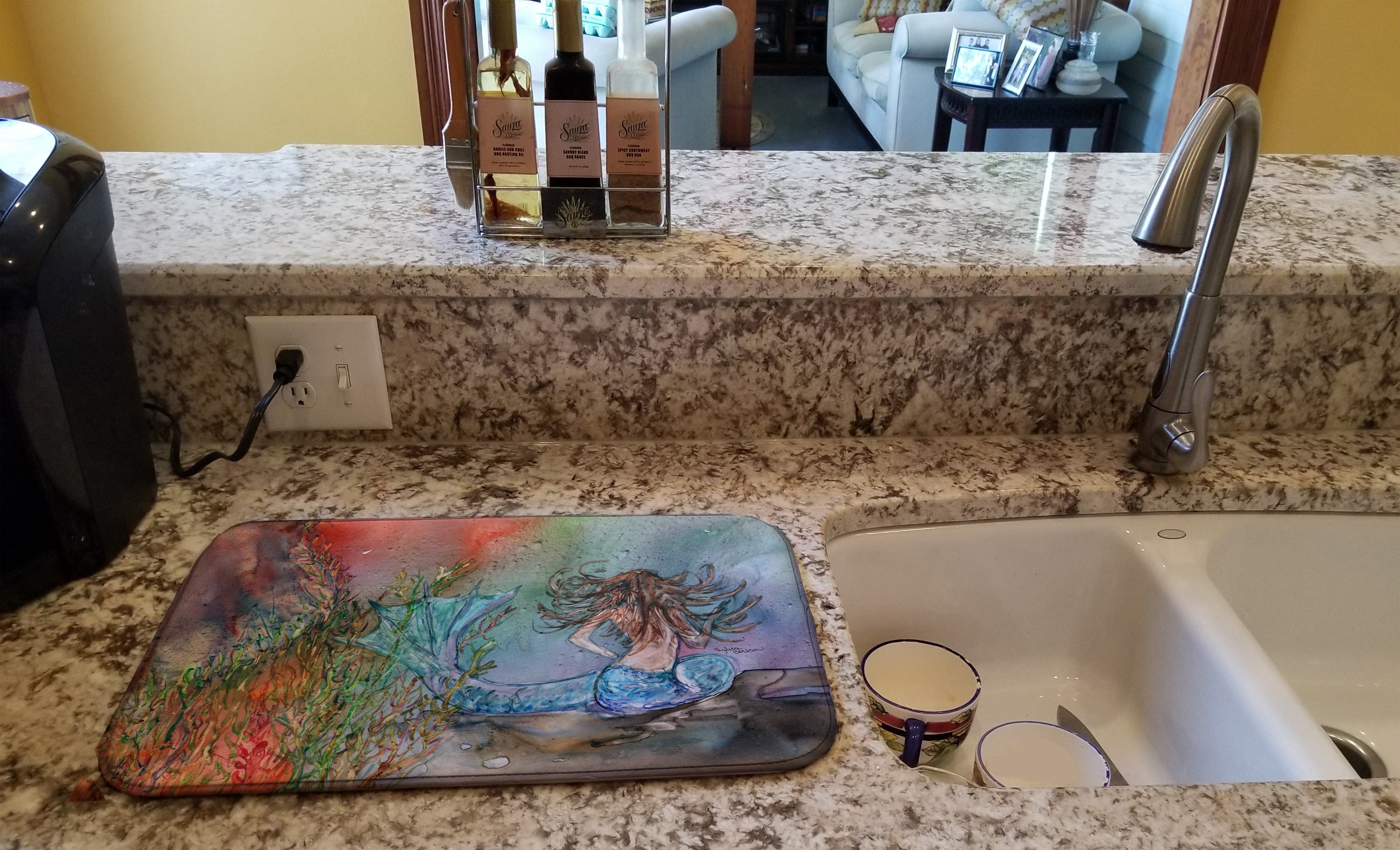 Brunette Mermaid Water Fantasy Dish Drying Mat Absorbent Dish Drying Mat Pad for Kitchen Counter Dish Drainer Mat for Countertop, 14 x 21", Multicolor