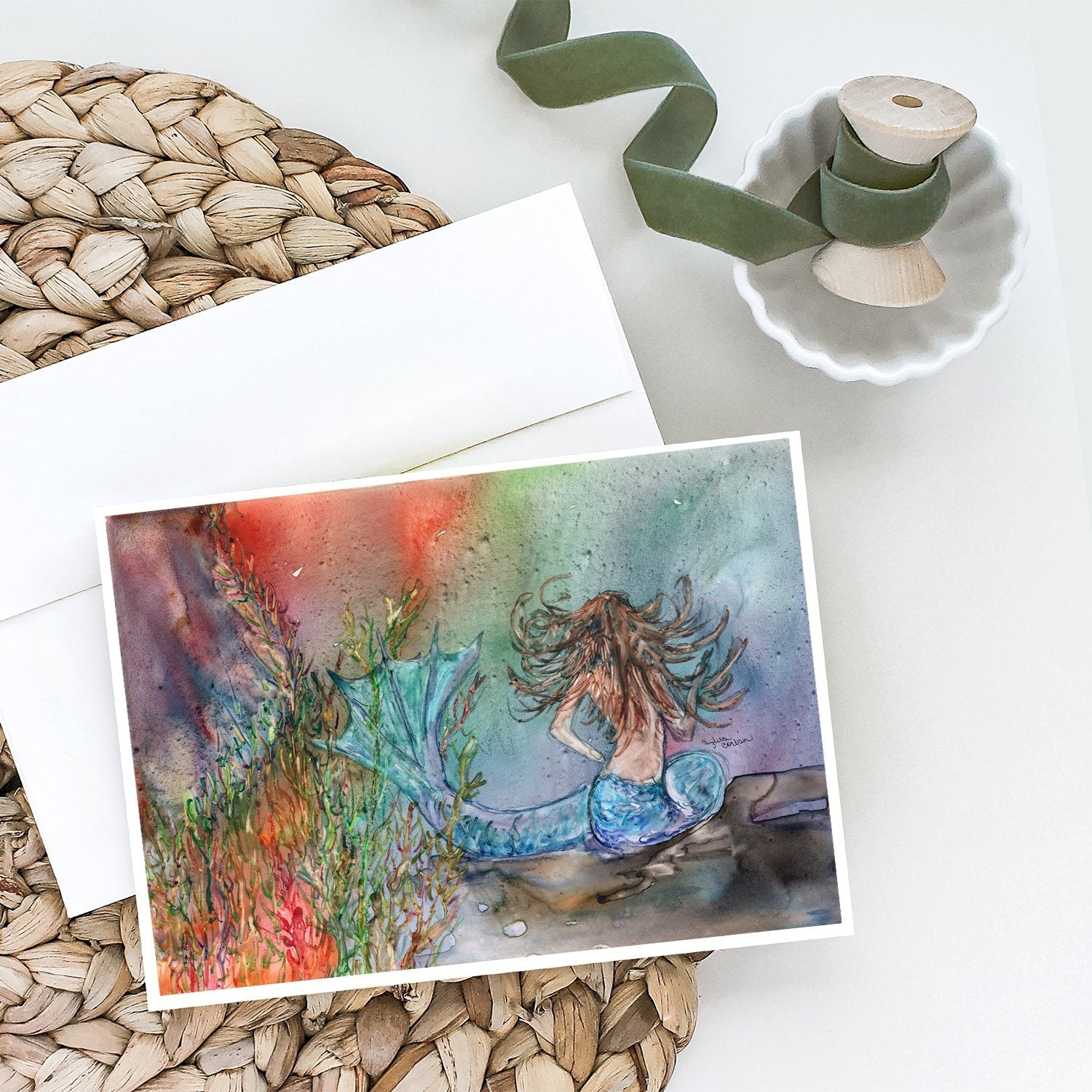 Brunette Mermaid Water Fantasy Greeting Cards Pack of 8 Blank Cards with Envelopes Whimsical A7 Size 5x7
