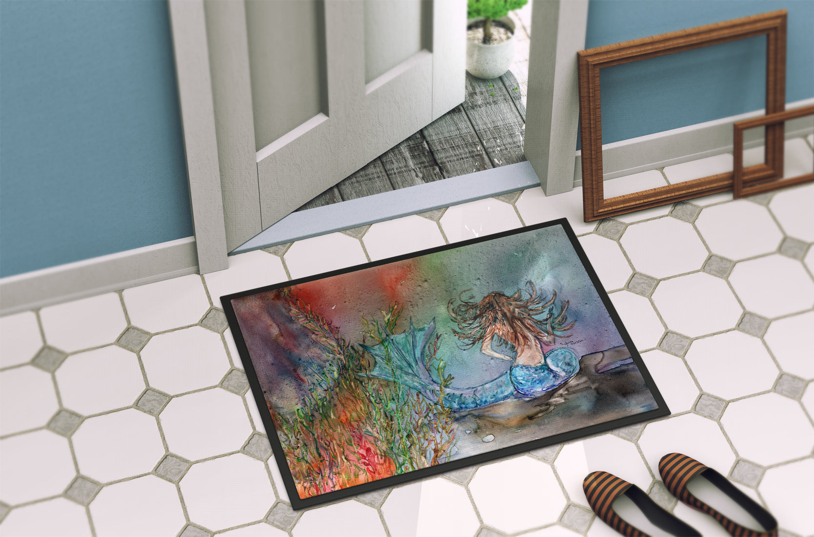 Brunette Mermaid Water Fantasy Doormat Indoor Outdoor 24H X 36W Front Door Mat Rugs for Entryway, Non Slip Washable Low Pile,