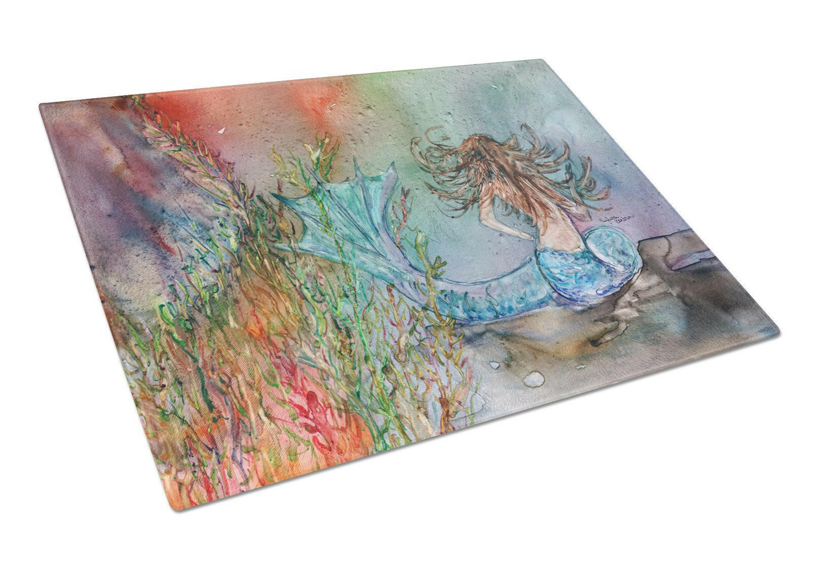 Brunette Mermaid Water Fantasy Cutting Board Tempered Glass Kitchen Cutting Surface, Heat Resistant Chopping, Non-Slip Feet, Food Prep & Serving
