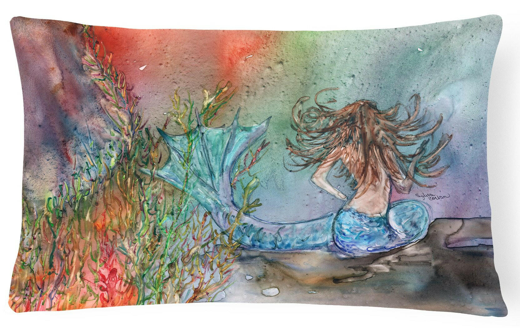 Brunette Mermaid Water Fantasy Decorative Throw Pillow 12x16 Indoor Outdoor Accent Cushion, Fabric Cover with Insert for Sofa, Bed, Porch & Living Room