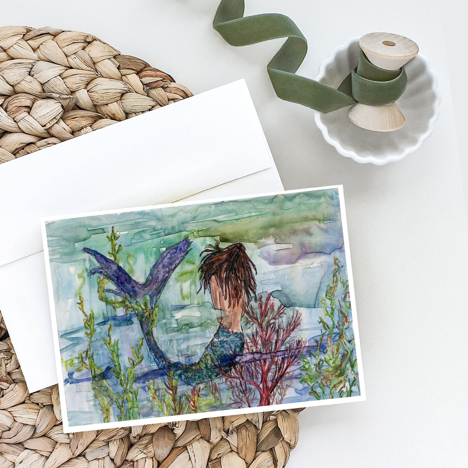 Brunette Mermaid Coral Fantasy Greeting Cards Pack of 8 Blank Cards with Envelopes Whimsical A7 Size 5x7