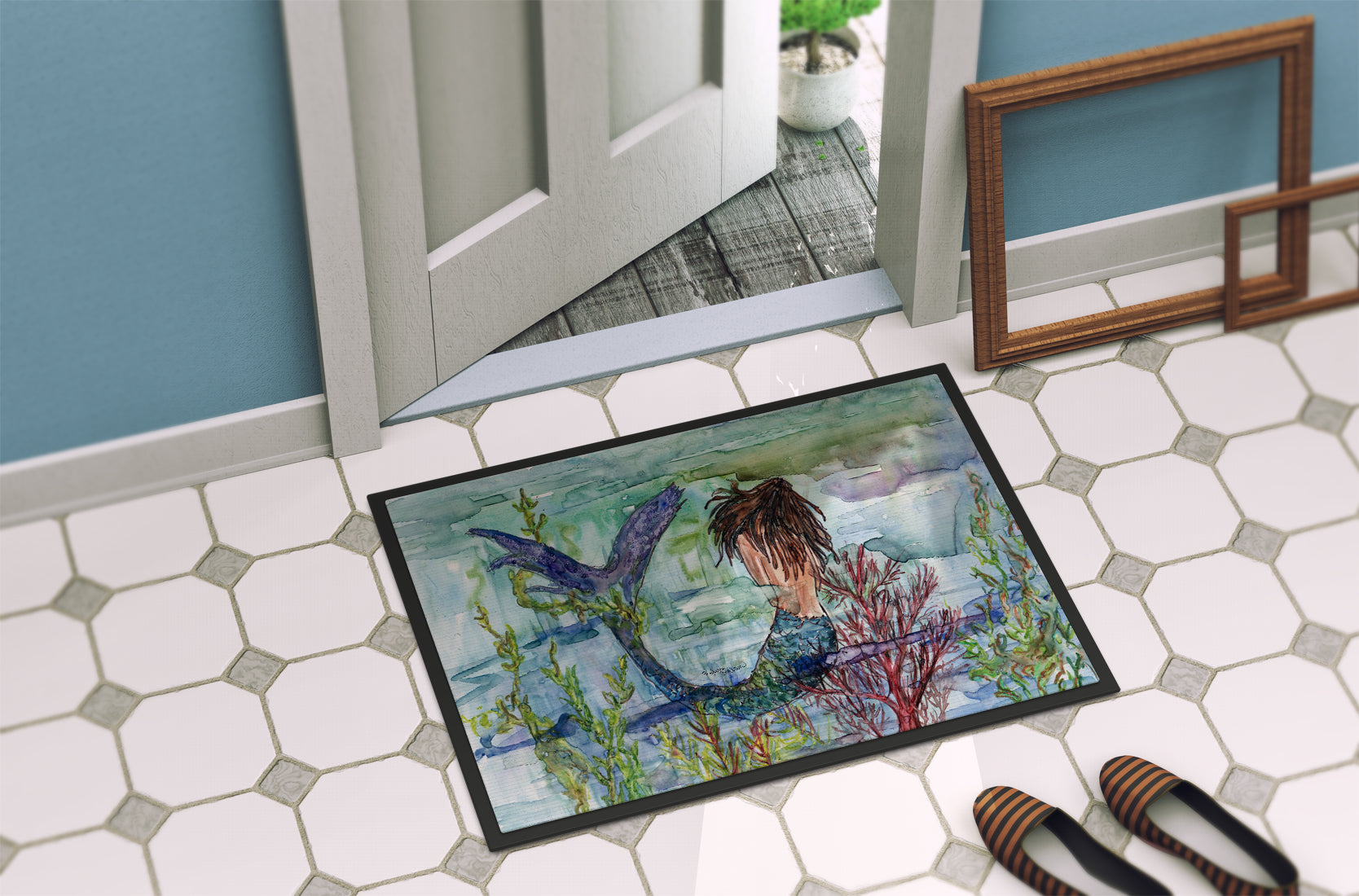 Brunette Mermaid Coral Fantasy Doormat Indoor Outdoor 24H X 36W Front Door Mat Rugs for Entryway, Non Slip Washable Low Pile,