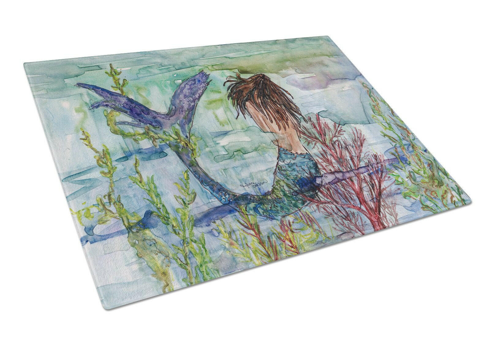 Brunette Mermaid Coral Fantasy Cutting Board Tempered Glass Kitchen Cutting Surface, Heat Resistant Chopping, Non-Slip Feet, Food Prep & Serving