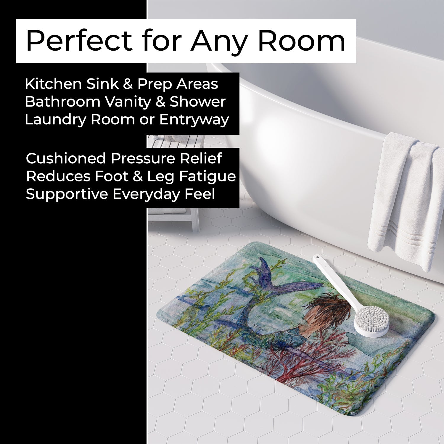 Brunette Mermaid Coral Fantasy Memory Foam Kitchen Mat Machine Washable Anti-Fatigue Cushion Comfort Bath or Kitchen Rug