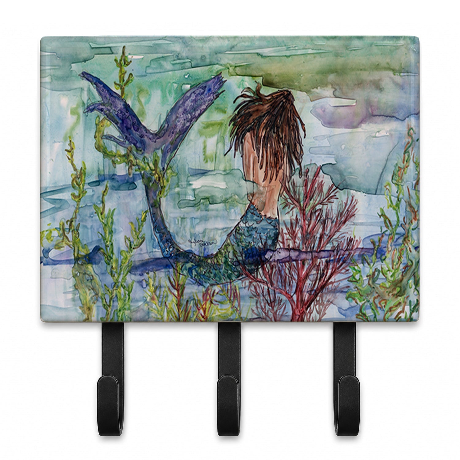 Brunette Mermaid Coral Fantasy Leash or Key Holder Wall Hooks, Coat Rack Wall Mount, for Hanging Keys, Towels, Aprons, Leashes
