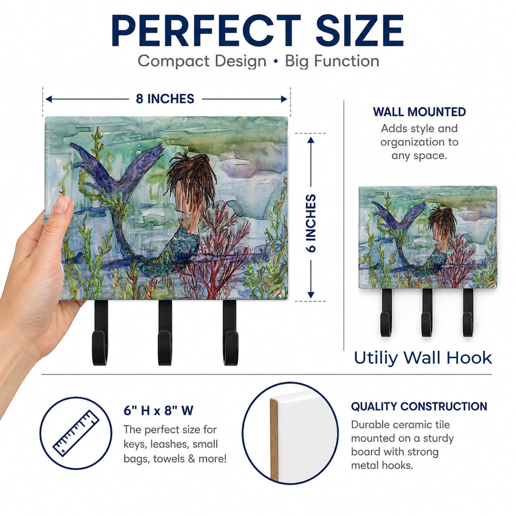 Brunette Mermaid Coral Fantasy Leash or Key Holder Wall Hooks, Coat Rack Wall Mount, for Hanging Keys, Towels, Aprons, Leashes