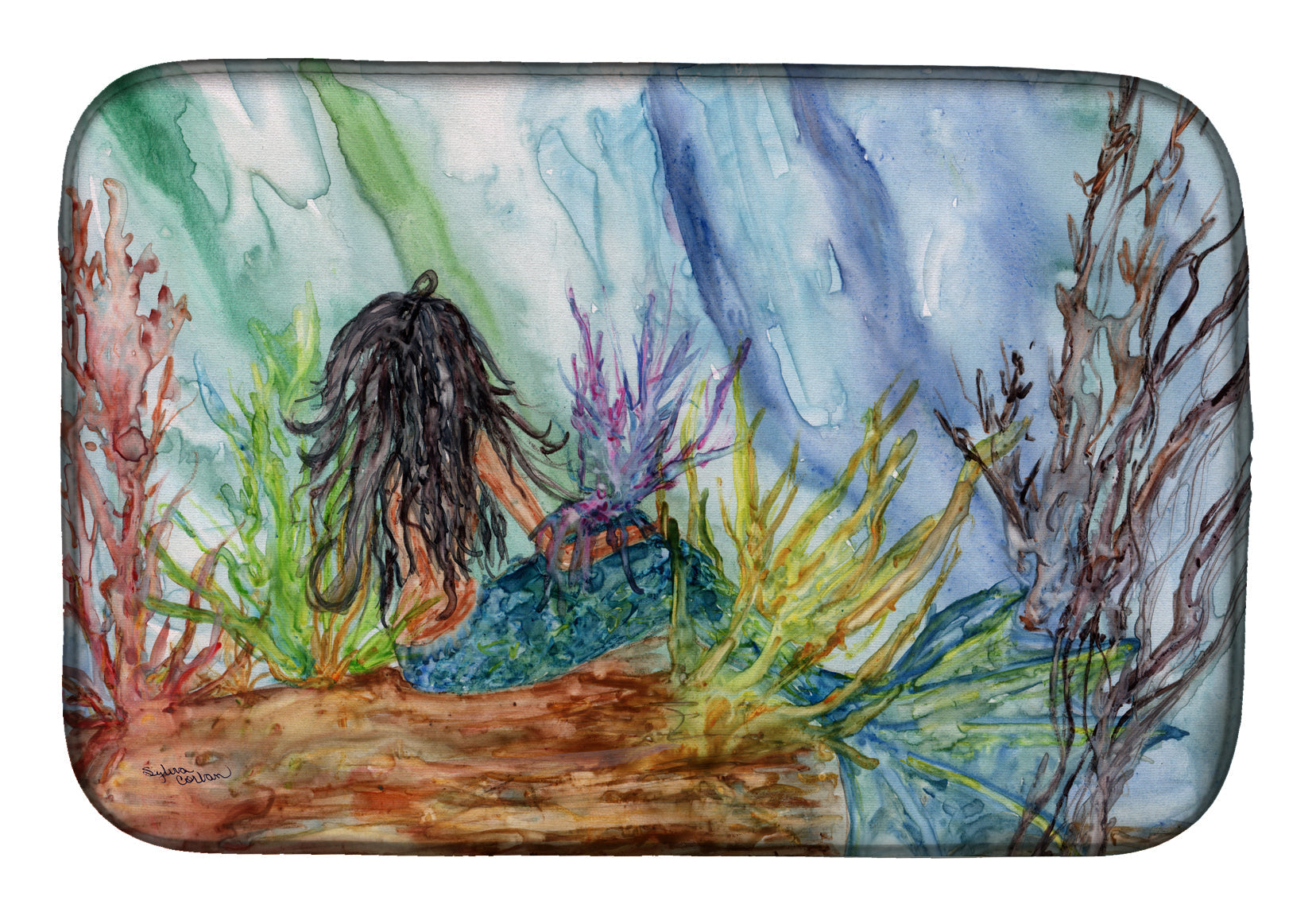 Black Haired Mermaid Water Fantasy Dish Drying Mat Absorbent Dish Drying Mat Pad for Kitchen Counter Dish Drainer Mat for Countertop, 14 x 21", Multicolor