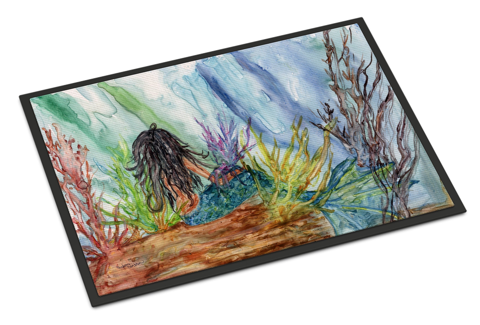 Black Haired Mermaid Water Fantasy Doormat Indoor Outdoor 24H X 36W Front Door Mat Rugs for Entryway, Non Slip Washable Low Pile,
