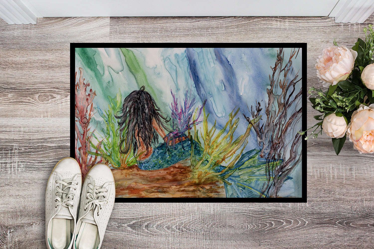 Black Haired Mermaid Water Fantasy Doormat Indoor Outdoor 24H X 36W Front Door Mat Rugs for Entryway, Non Slip Washable Low Pile,