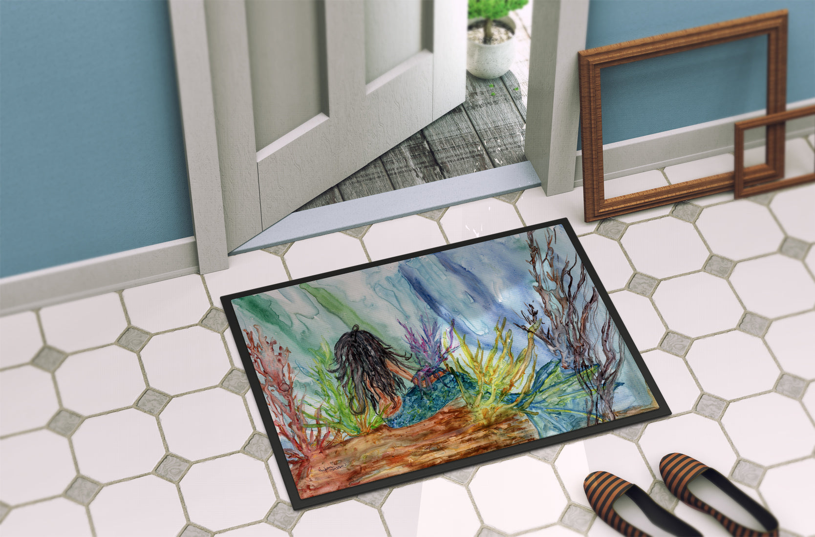 Black Haired Mermaid Water Fantasy Doormat Indoor Outdoor 24H X 36W Front Door Mat Rugs for Entryway, Non Slip Washable Low Pile,