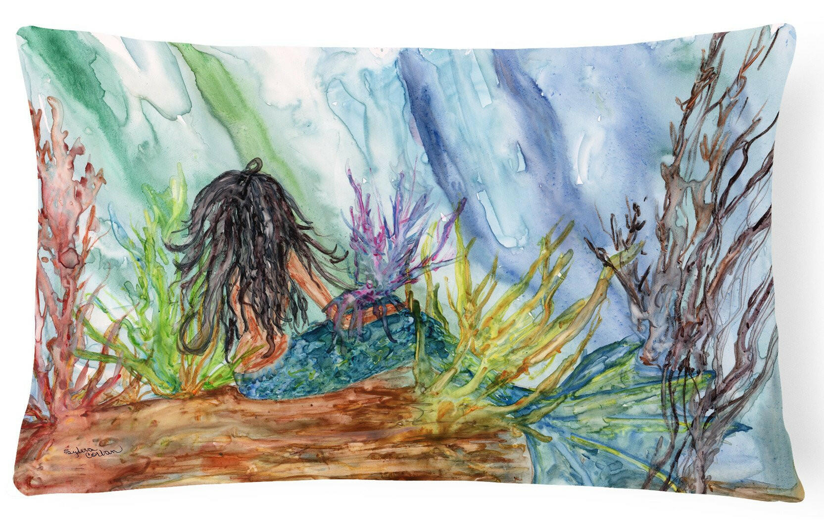 Black Haired Mermaid Water Fantasy Decorative Throw Pillow 12x16 Indoor Outdoor Accent Cushion, Fabric Cover with Insert for Sofa, Bed, Porch & Living Room