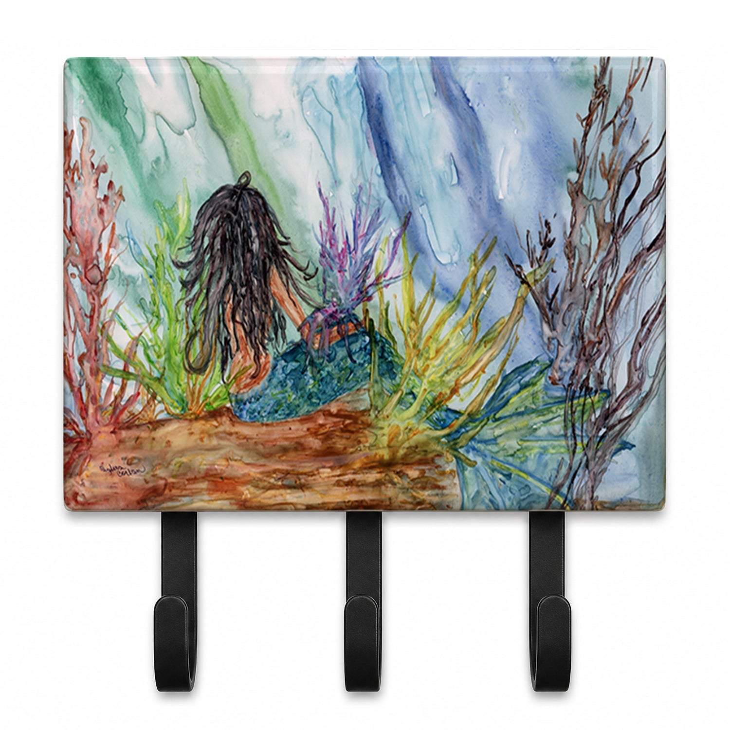 Black Haired Mermaid Water Fantasy Leash or Key Holder Wall Hooks, Coat Rack Wall Mount, for Hanging Keys, Towels, Aprons, Leashes
