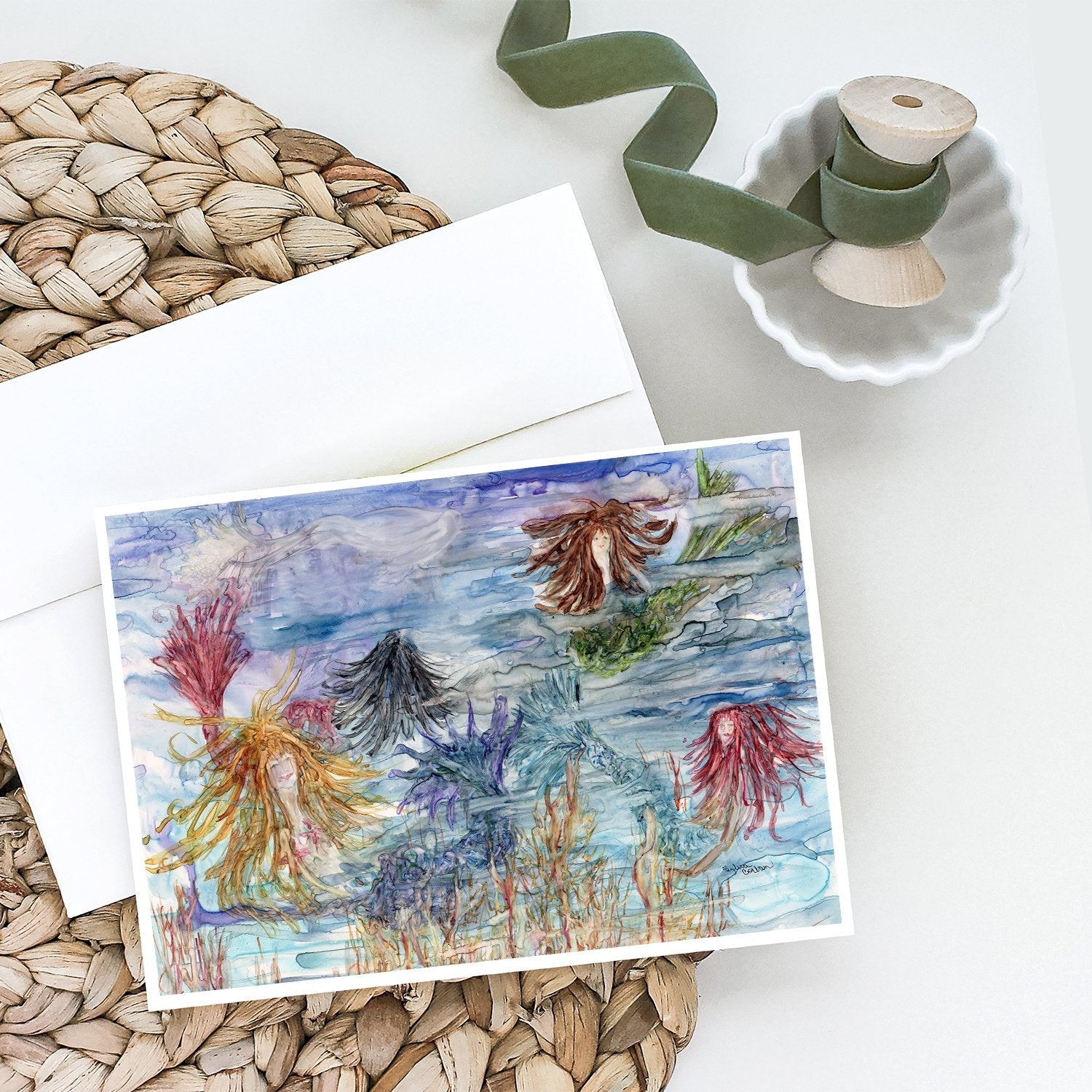 Abstract Mermaid Water Fantasy Greeting Cards Pack of 8 Blank Cards with Envelopes Whimsical A7 Size 5x7