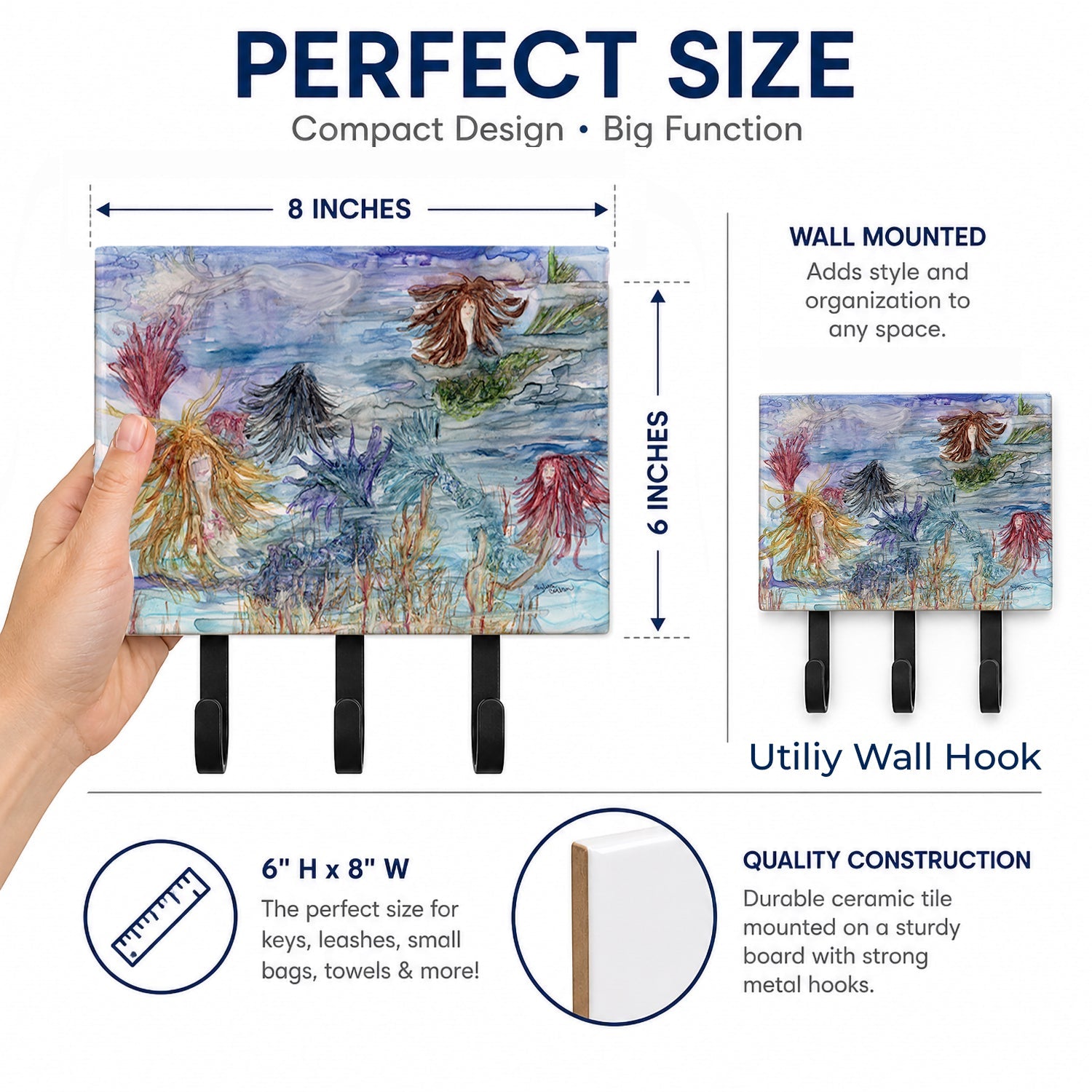 Abstract Mermaid Water Fantasy Leash or Key Holder Wall Hooks, Coat Rack Wall Mount, for Hanging Keys, Towels, Aprons, Leashes