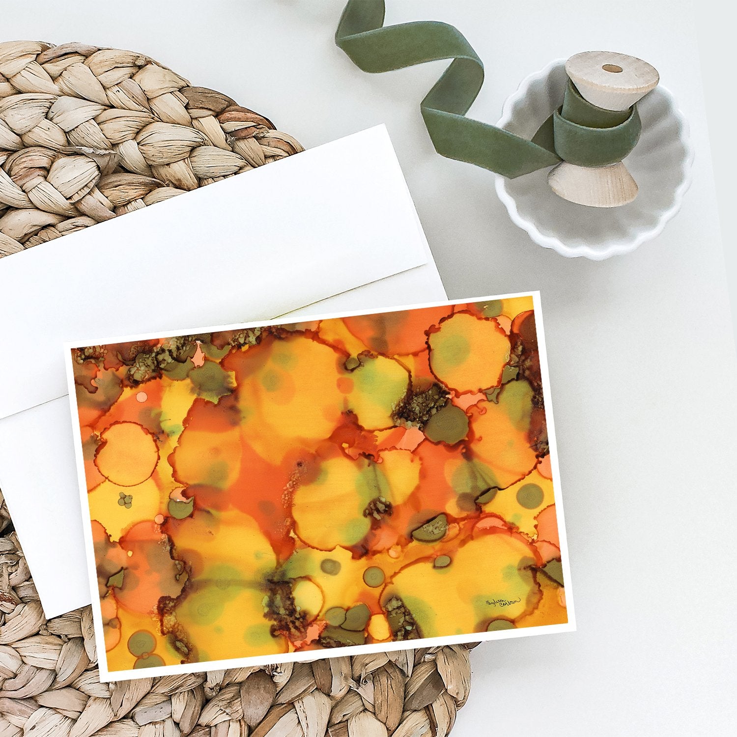 Abstract in Orange and Greens Greeting Cards Pack of 8 Blank Cards with Envelopes Whimsical A7 Size 5x7